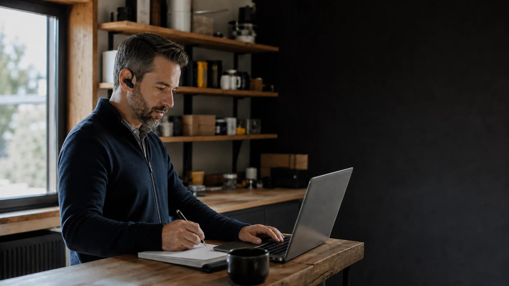 A service manager handling a customer call while recording the next action